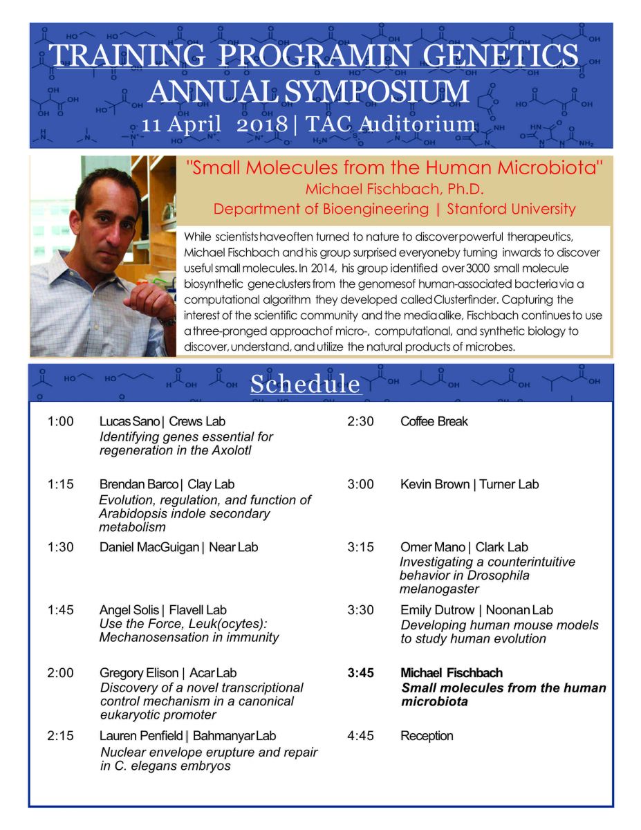 Flyer for 2018 TPG Symposium, featuring talks by Michael Fischbach and TPG trainees
