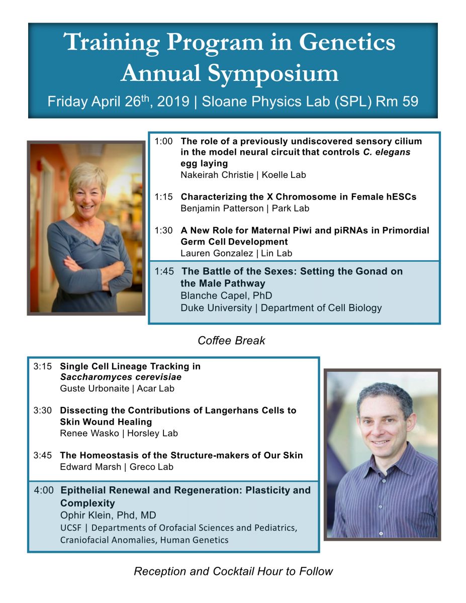 Flyer for 2019 TPG Symposium, featuring talks by Blanche Capel, Ophir Klein, and TPG trainees. 